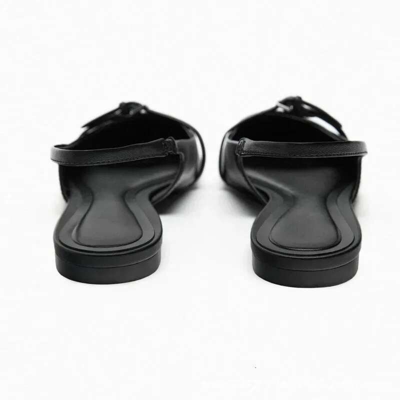 Sgback Flat Bottom Women Sandals Summer Black Leather Pointed Ballet Fashion Low-heel Woman Shoes