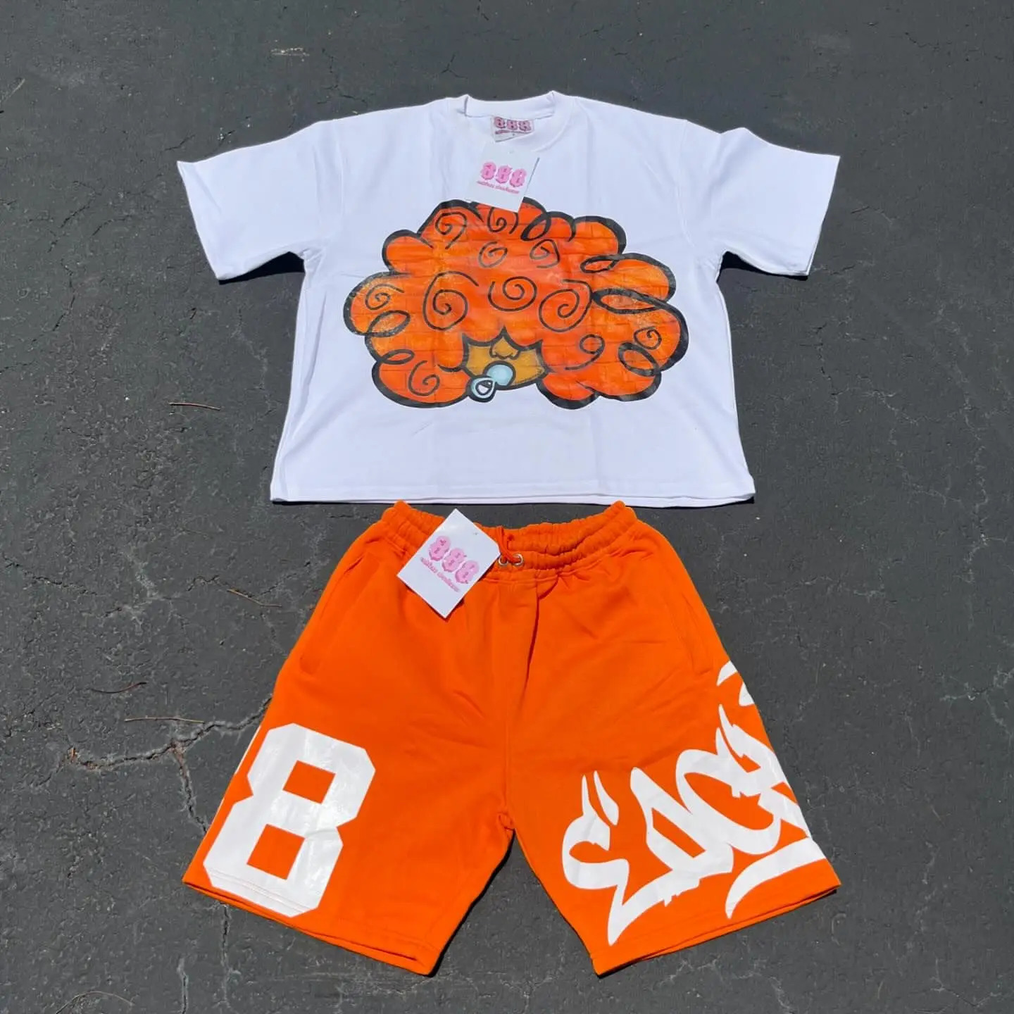 Cartoon pattern T-shirt and shorts two-piece set mens Y2K cotton printed T-shirt casual Harajuku hip-hop short sleeved street clothing 250225