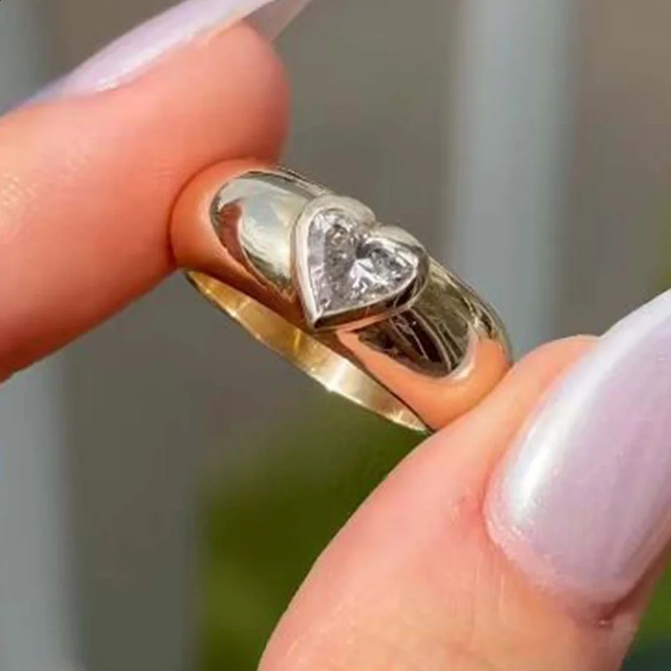 1.2Ct S925 Heart-Shaped Ring Thick Band 18K Gold-Plated for Engagement Wedding 250219