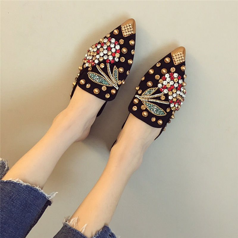 Cherry Rhinestone Pointed Flat Shoes Fashionable Loafers Slippers Beautiful Cherry Pearl Inlaid Flat Sandals For Women Sizes 36-41