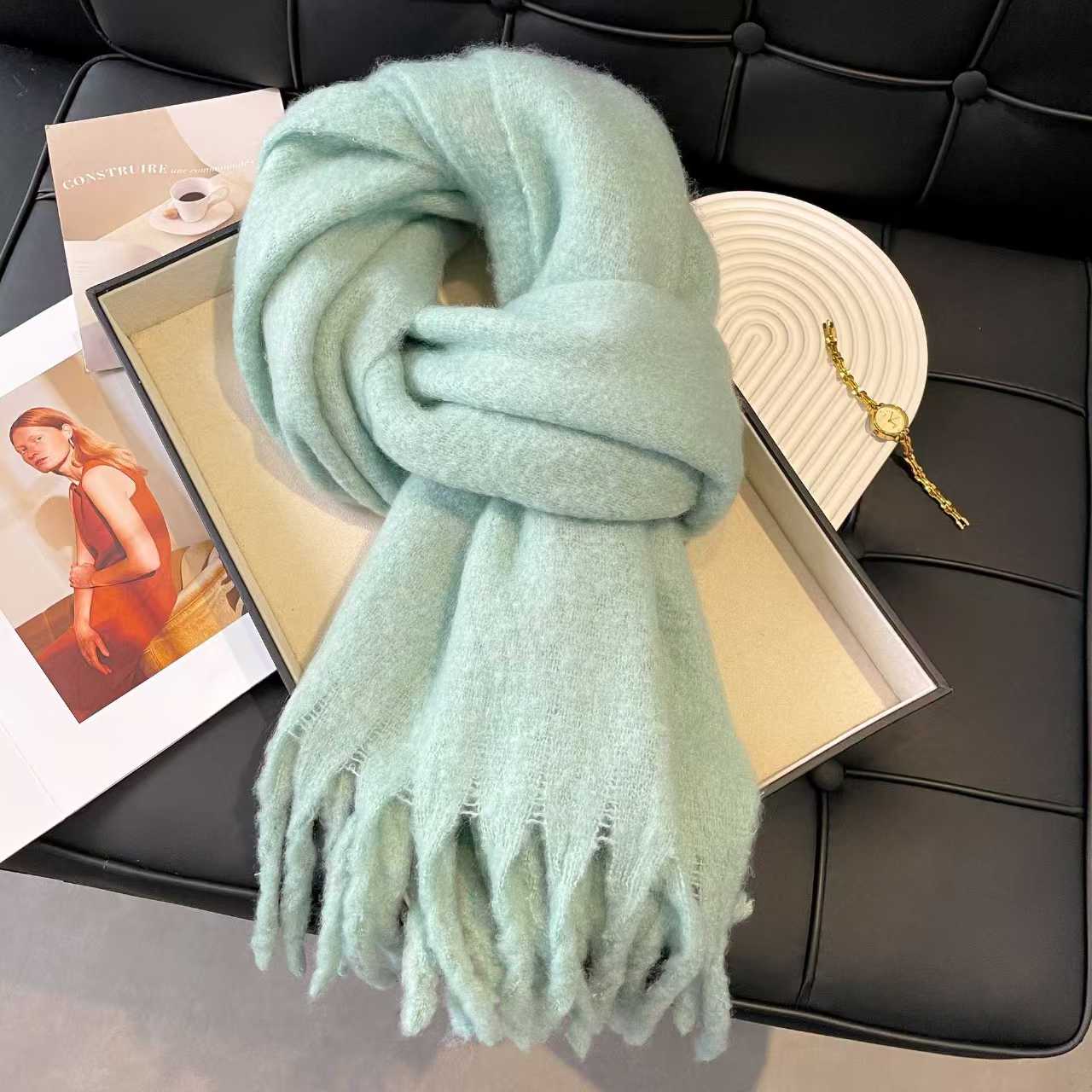 K019 Icelandic sea salt blue scarf for women autumn and winter new arrival mohair pure color versatile neck warm imitation cashmere shawl