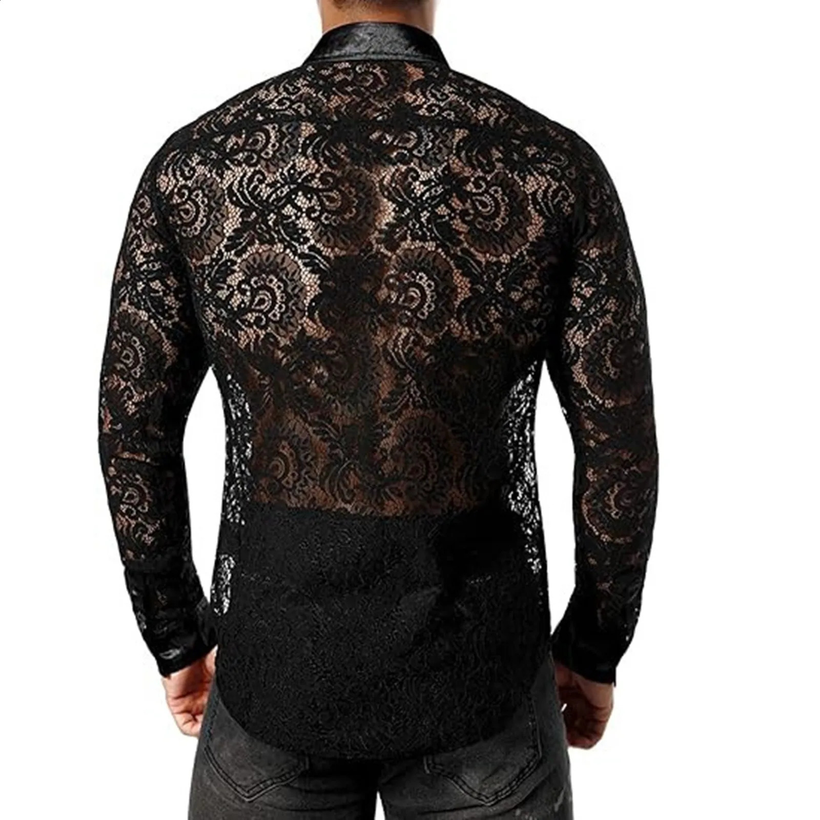 Mens Foreign Trade Lace Shirt Transparent Sexy Long Sleeve Shirt Fashionable Shirt Mens Short-Sleeved Shirt 250222