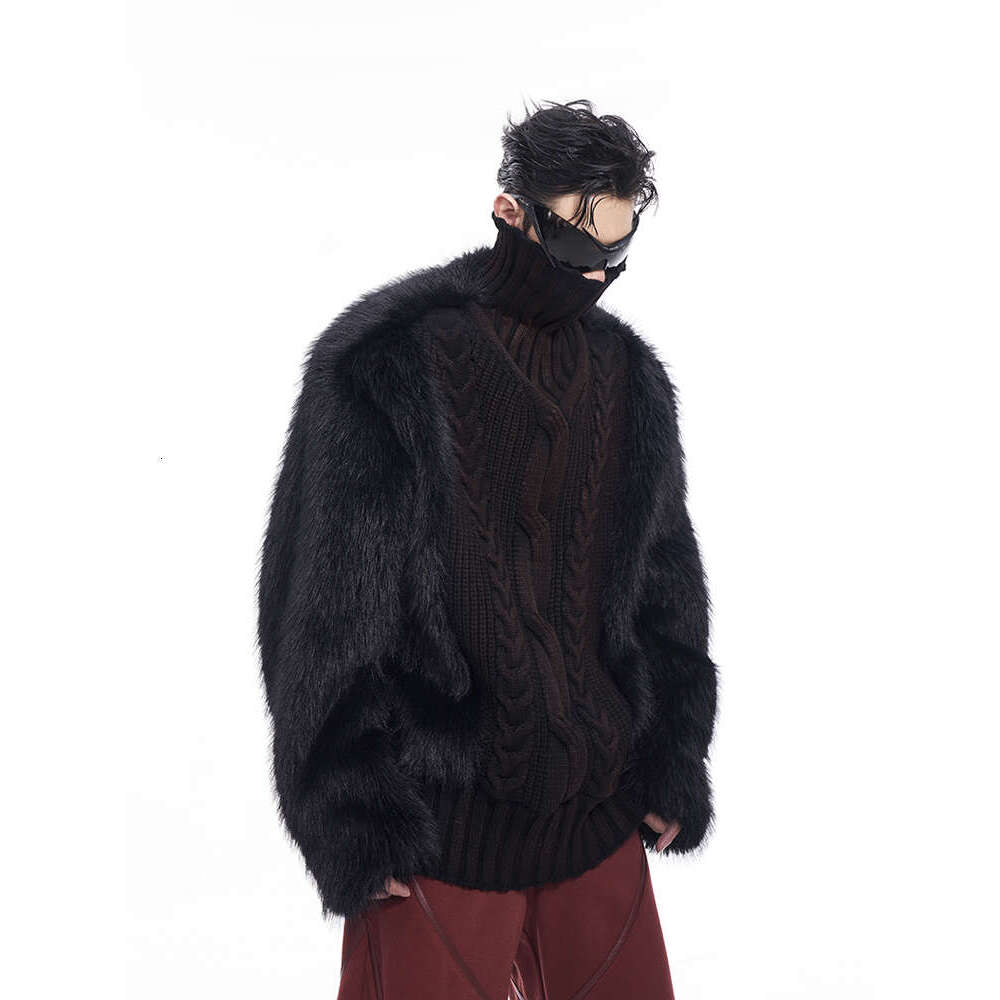 S men's high neck spliced sweater, autumn and winter, thick velvet lining and hand-painted knitted sweater Fur spliced sweater