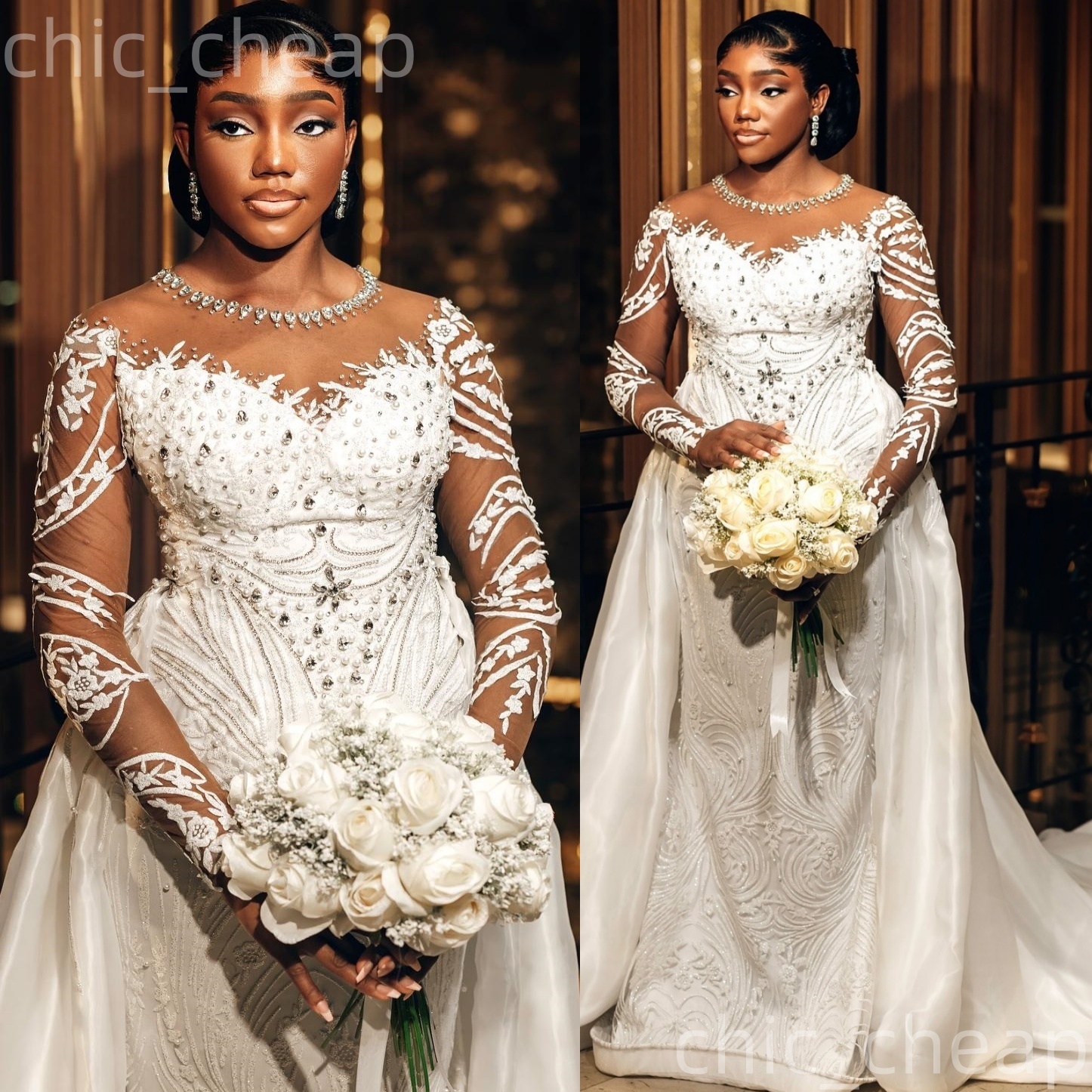 2025 Arabic Aso Ebi Plus Size Ivory Wedding Dress Lace Crystals Sheer Neck Sequined Lace Detachable Train Bridal Gowns Dresses ZJ059