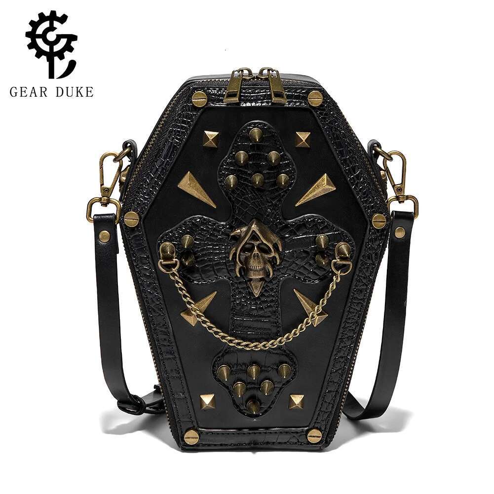 Trendy Black Girl Crossbody Coffin Europunk Unisex Biker Fashion Skull Head Ladies Shoulder Bag Rivet Decoration Sewing