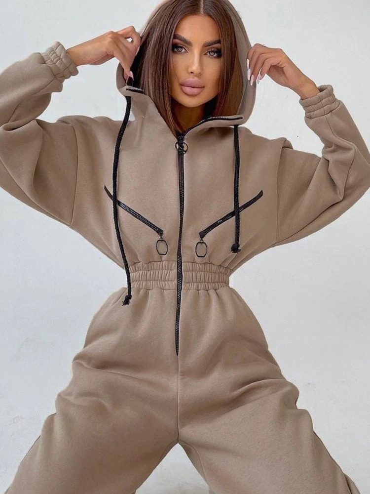 Autumn womens monochrome long sleeved jumpsuit solid color zipper sportswear winter casual track and field clothing fashionable hoodie 250225