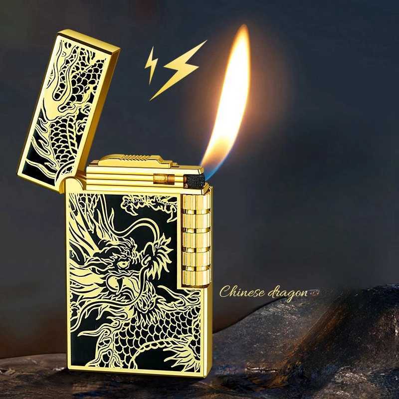 2024 Metal Steel Sound Chinese Dragon Oblique Fire Inflatable Lighter Side Pulley Igniting Butane Gas Pipe Lighters Smoking Gift Y250228