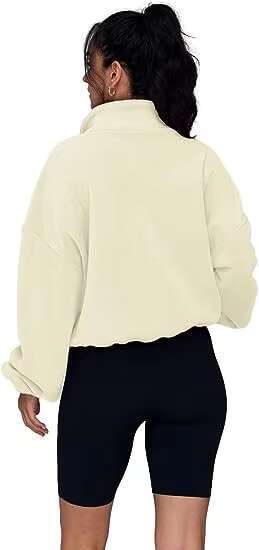 Women's Half Zippered Standing Neck And Drawstring Fleece Sweater Hoodie