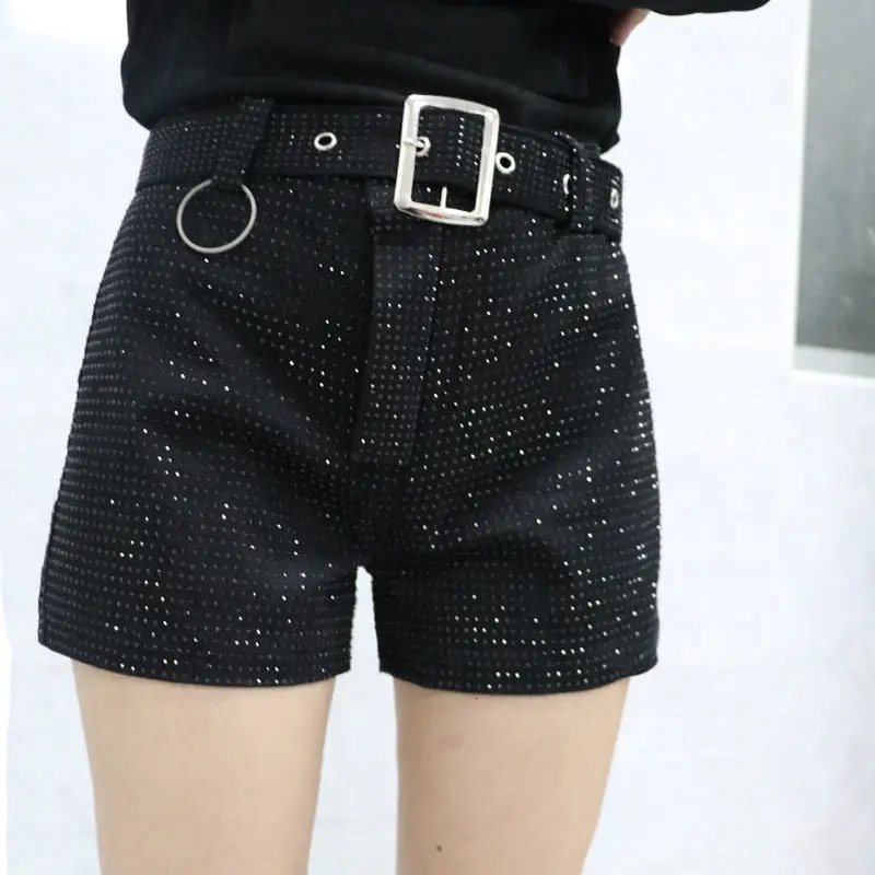 Shorts Women Wide Leg Shorts High Waist Sexy Fashion Elastic Waist Diamond Casual Pants Female Belt Shorts Jeans Q780 250227