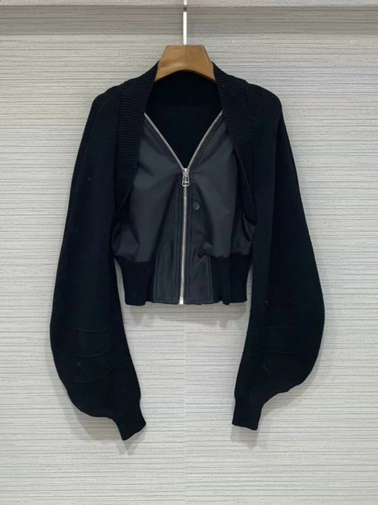 DEAT Knitted Spliced Stretch Short Jacket Womens Autumn Fashion Loose Leisure Zipper n Coat Female CP1746 250227