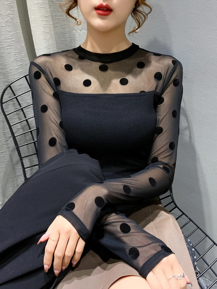 Spring Autumn 2025 Sexy Sheer Tops Long Sleeve Polka Dot Shirt Round Neck Flocking Women T shirt 250228