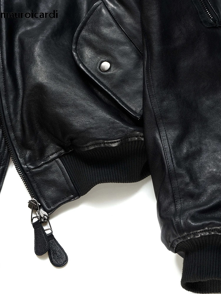 Mauroicardi Autumn Winter Cool Handsome Short Vintage Thickened Warm Black Pu Leather Bomber jacket Men Clothes 250225