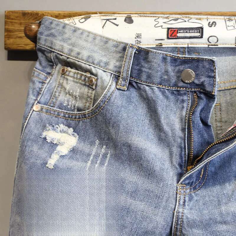 Men's Jeans Summer Light Blue Ripped Cat Whisker Patch Letter Print Slim Denim Shorts Teenagers Boys And Girls Cowboy Short Pants