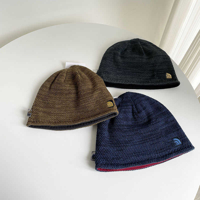 BeanieSkull Caps Adult autumn and winter doublelayer knitted hat with embroidered letters on both sides wool hat for cold protection and warmth cyclin