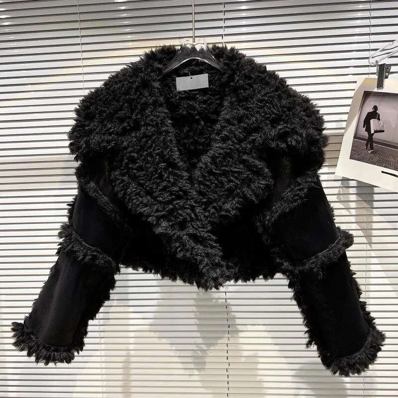 PREPOMP 2024 Winter New Collection Long Sleeve Big Turn Down Collar Faux Fur Leather Black Pu Jacket Women Blazer Coat Gh141