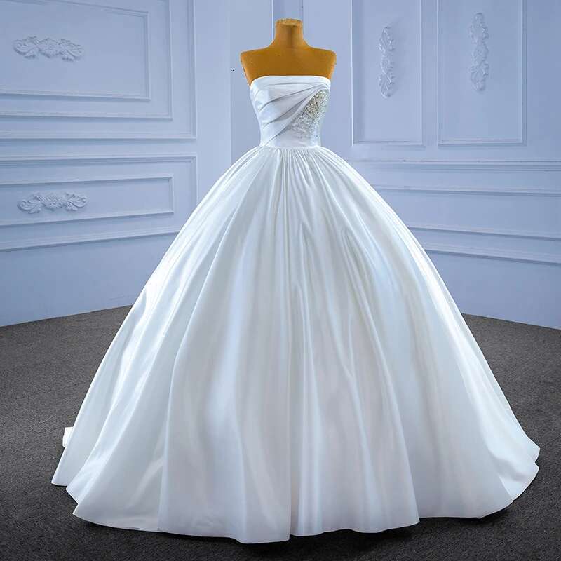 Simple Strapless Satin Custom Lace Up Back Crystal Upper Court Train Wedding Dress Woman Dresses Novia