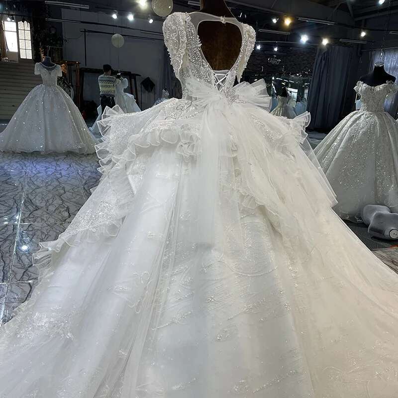 Classic for women bride custom organza short sleeves o-neck wedding dress pearls sequins novia dresses