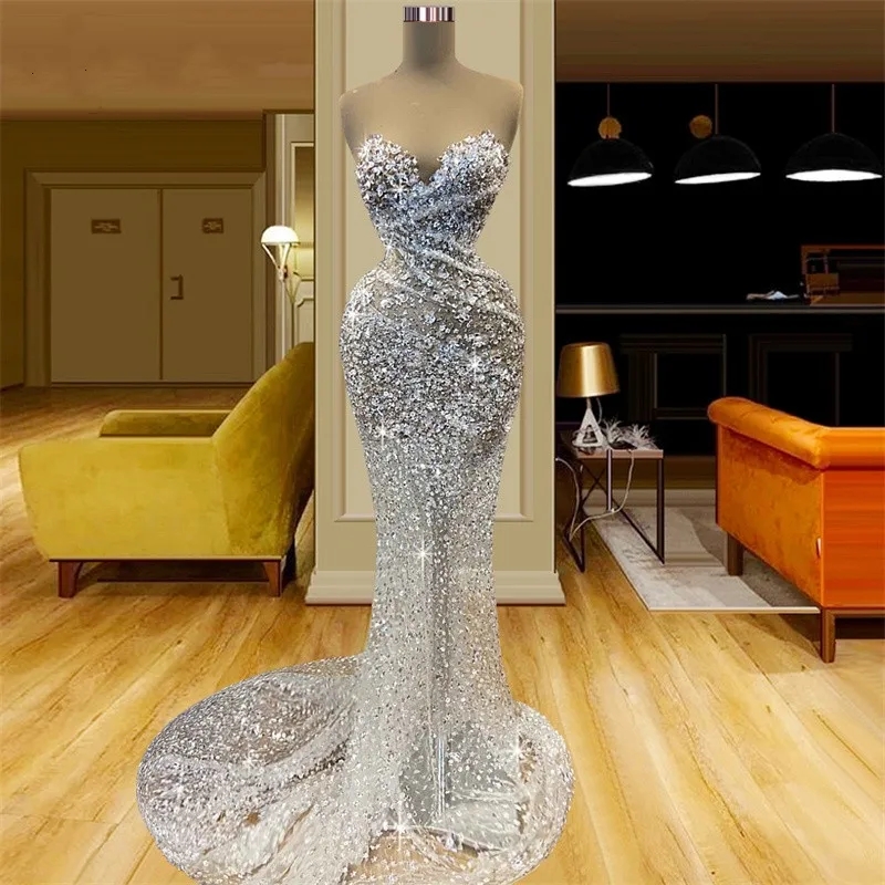urious Sier Mermaid Prom Formal Dress 2025 Sweetheart Crystal Beads Sequiend Lace Up Women Evening Birthday Gowns Robe De Soiree