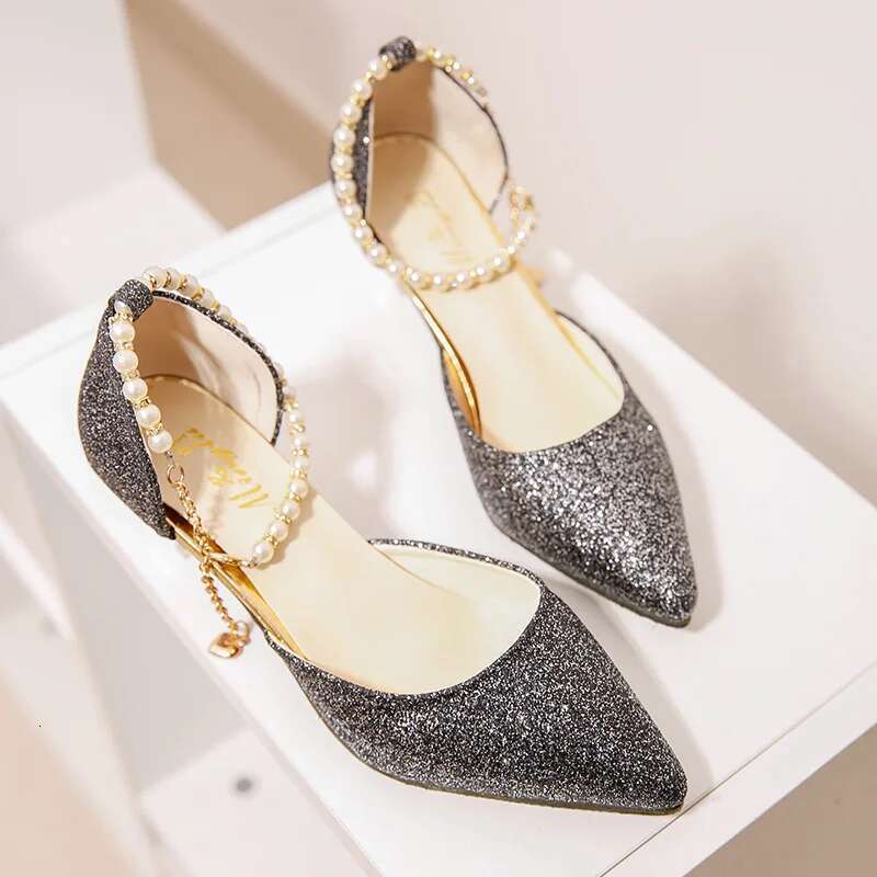 Summer Sequined High Heels Solid Color New Pointed Bead Temperament Fashionable Side Air Breathable Women's Shoes Versatile