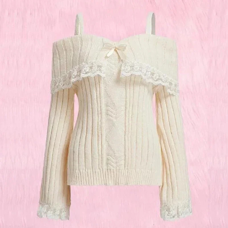 Women Off Shoulder Knit Sweater Pink Pullover Sweet Pullovers Long Sleeve Bow Lace Patchwork Jumpers Y2k Streetwear 250227