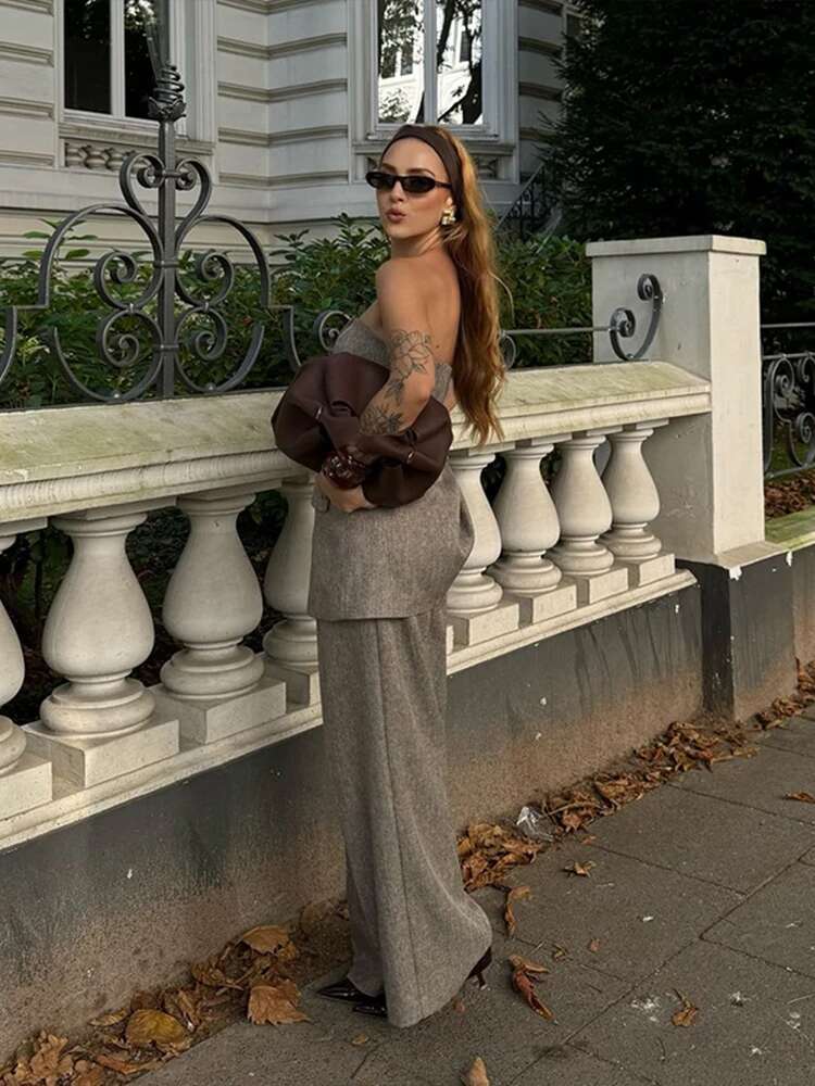 Street Tube Tops Sets Women Fashion Sleeveless Single-Breasted Vest High Waist Wide Leg Trousers Ladies Cummuter Suit