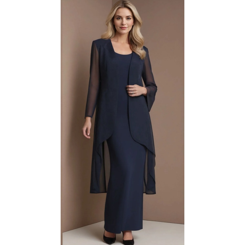 Elegant Dark Navy Mother Of The Bride Dresses Suits With Long Jacket Full Sleeves Ankle Length Simple Long Wedding Guest Gowns 2025 Groom Mom Formal W