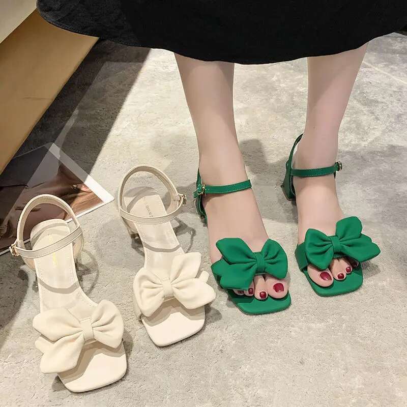 Sandals Women Summer New Fashion Square Head Bow French Buckle Belt Thick Heel Shoes Lady Sexy Work High Heels Beige Green
