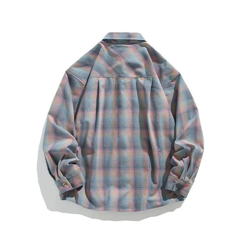 Spring long sleeved mens ultrafine fashion color checkered shirt street clothing Korean loose casual retro 250226