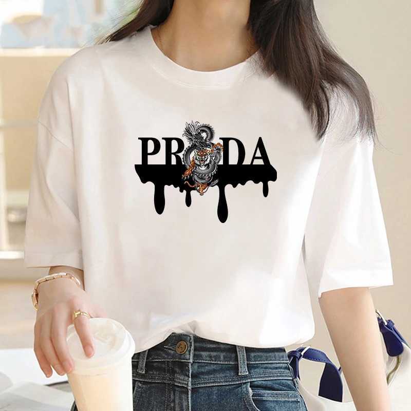 Luxury Brand Fashion Dragon and Tiger Pattern Printed Crew Neck Clothing Short Sleeve T-Shirt Trend Womens Summer Y2K TopT250228
