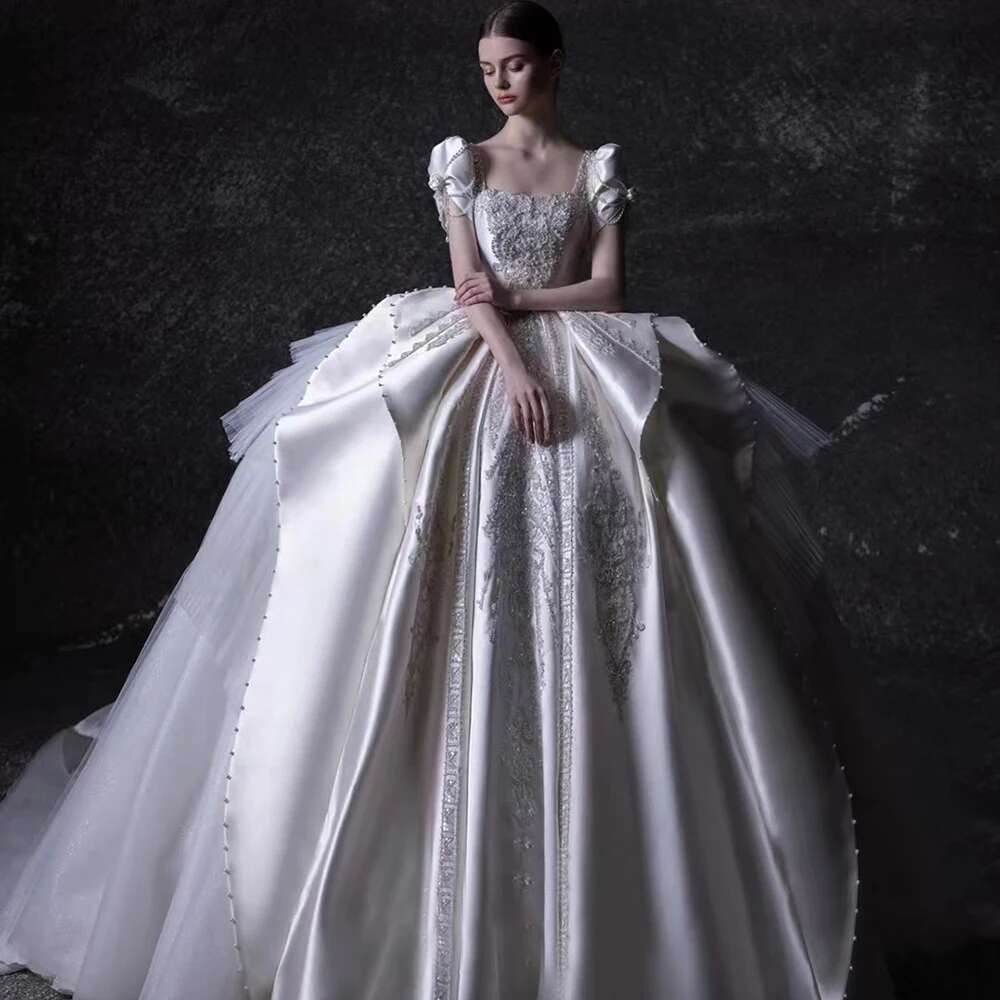 Exquisite Embroidered Square Collar Pleated Custom Short Sleeves Dresses Train Sweep Wedding Robe