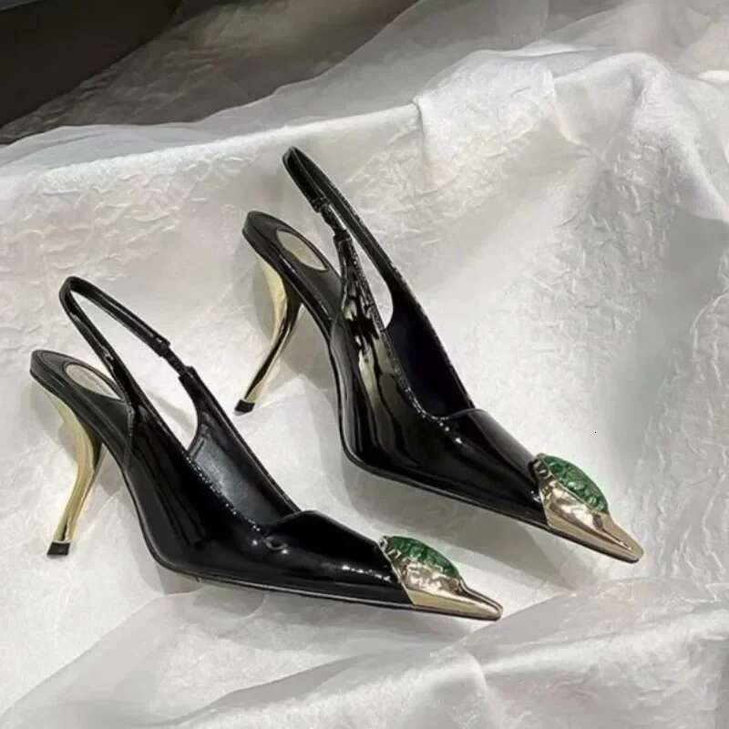 Women's Fashion Baotou Sandals Spring New Metal Pointed Head Shallow Mouth e with Non-slip High Heels