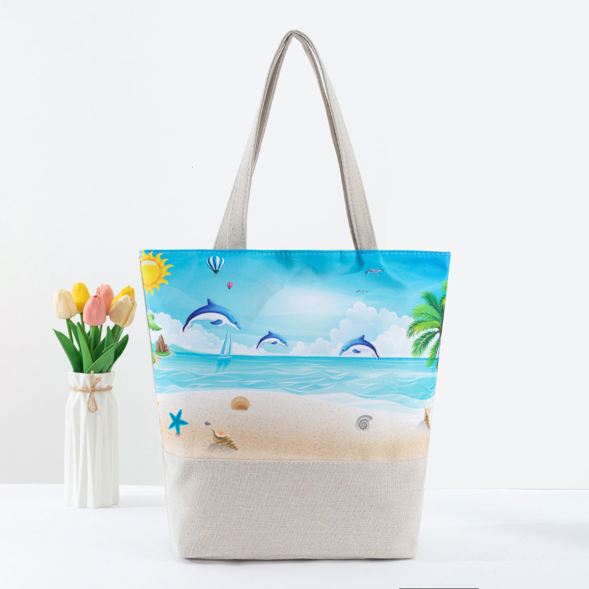 New women's beach large capacity linen digital shoulder bag, single-sided printed handbag #swissmilitary