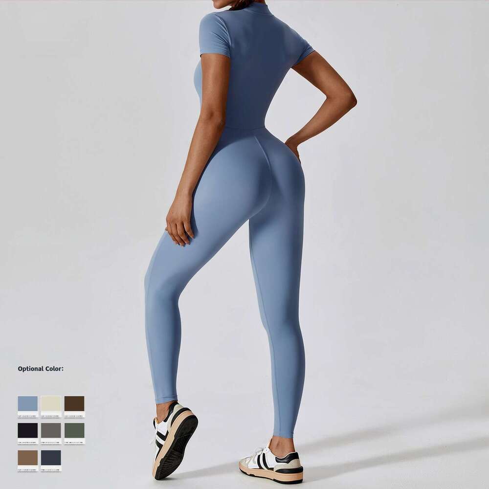 European American zipper short sleeved nude yoga women wearing fiess sports jumpsuit 8305, new casual and versatile fashion clothing for 2025