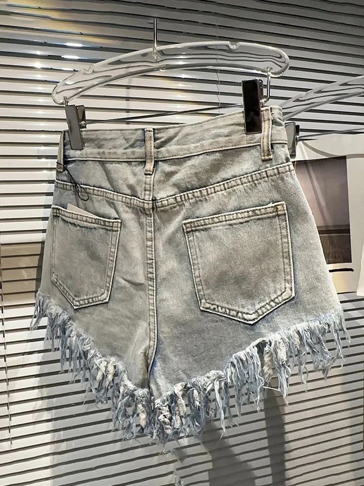 DEAT Womens Denim Shorts Shiny Rhinestone Full Diamonds Burrs Edge Wide Leg Super Short Jeans 2025 Spring Fashion 11XX3737 250227