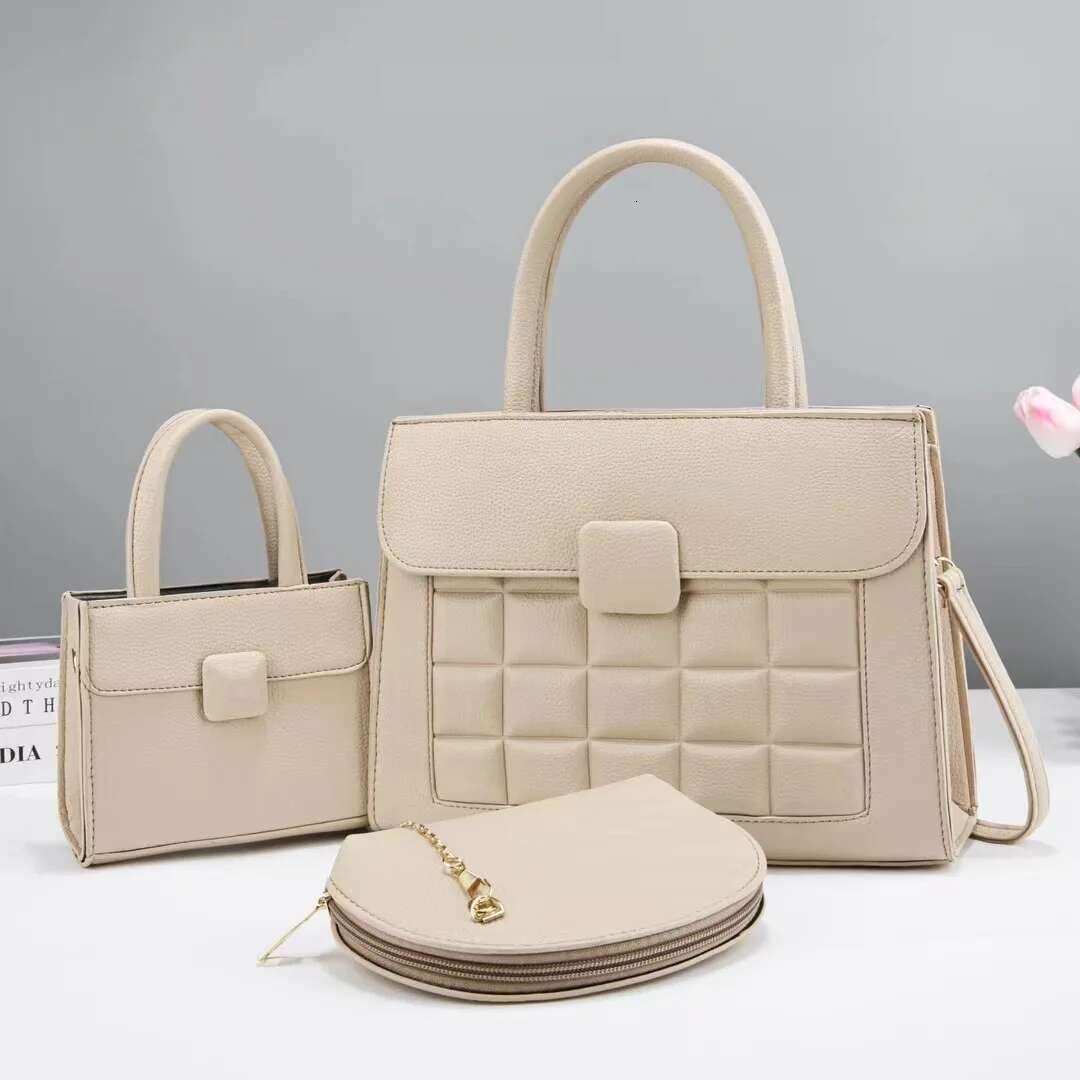 Fashion Retro Large Capacity Tote Korean Single Shoulder Crossbody Bag Three Pieces Versatile Ing Checkered Handbag PU