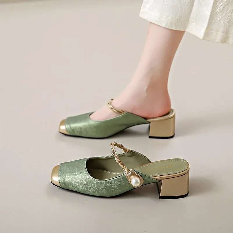 Satin Square Toe High Heels Fashion Designer Sandals Green Sgback Party Dress Shoes Muller Pumps Women