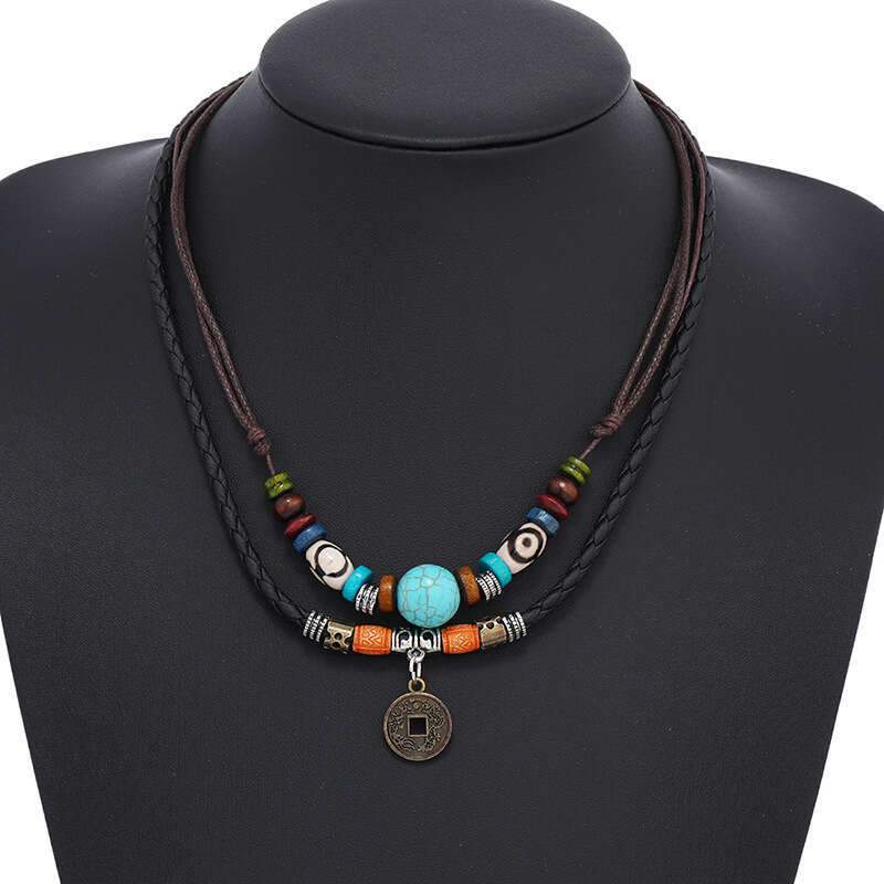 Wind multi-layer turquoise beaded woven leather with personalized alloy antique copper coin pendant for men's necklace