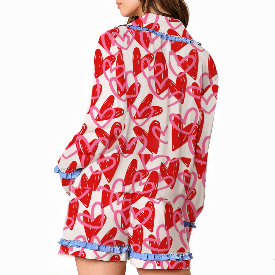 Women Tracksuits Two Pieces Set 2025 New Pleated Long Sleeved Thin Printed Valentines Day Series Pajamas Casual Set 5 Colors