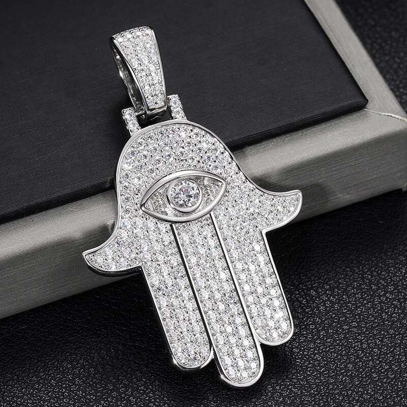 D VVS Moissanite Hamsa Hand Evil Eye Pendant Necklace For Women Men Iced Out Cuban Chain Sterg Sier Hip Hop Jewelry