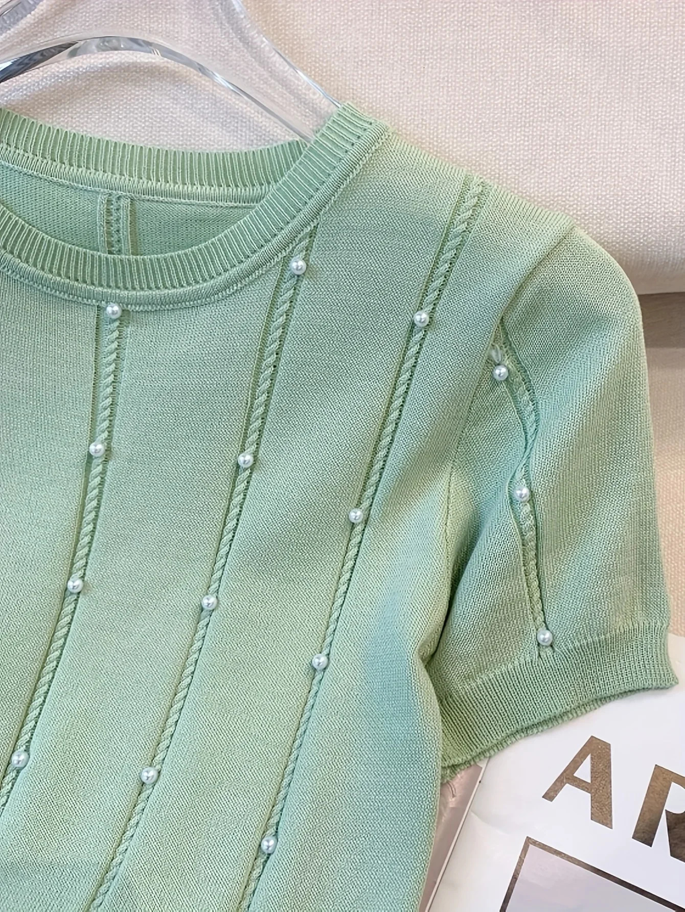 2025 Thin Solid Color Crew Neck Beaded Sweater Chic Short Sleeve Knit Top For Spring Summer Womens Clothing Crop 250225