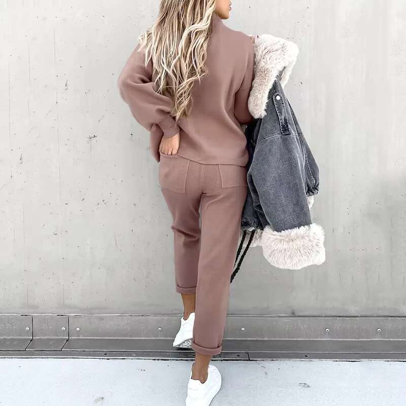 Hot Selg Women's High-Neck Hoodie Set Breathable Casual Two-Piece Adults Solid Pattern For Autumn