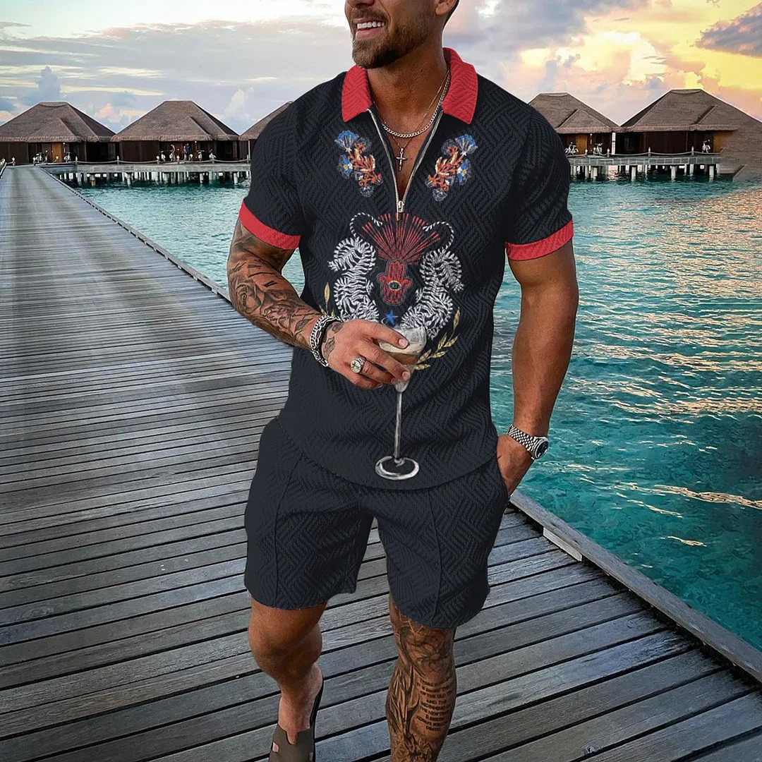 Men Tracksuit Summer 3D Printed Beach Zipper Polo Shirts Shorts 2pcs Sets Boho Geometric Style Holiday Clothing High-quality 250224