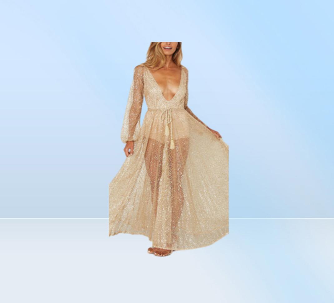 Gold Net Yarn Rhinestones Women Summer Long Maxi CoverUps Beach Dresses V Neck Sequins Mesh Sundress Bathing suit Swimwear9282686