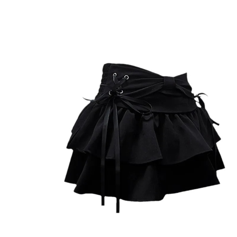 Blue Denim Pleated Skirt Bow Fold n Womens A-line Short Skirt Built in Shorts American Spicy Korean Fashion sweet 250227