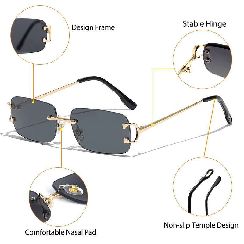 CATERSIDE Blue Rectangular Sunglasses Men Rimless Metal Fashion Square Sun Glasses For Women Gradient Lens Outdoor Eyewear UV400