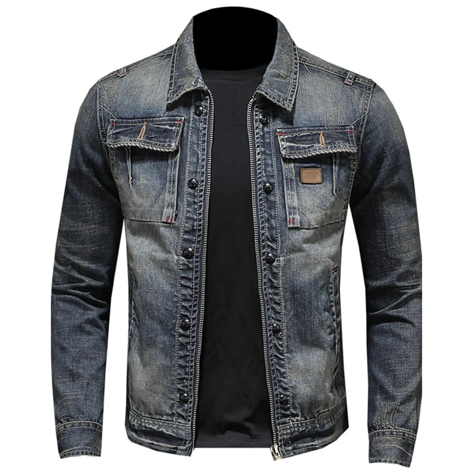Retro denim jacket with zipper standing cotton slim fit denim jacket denim jacket classic hip-hop college jacket winter jacket 250225