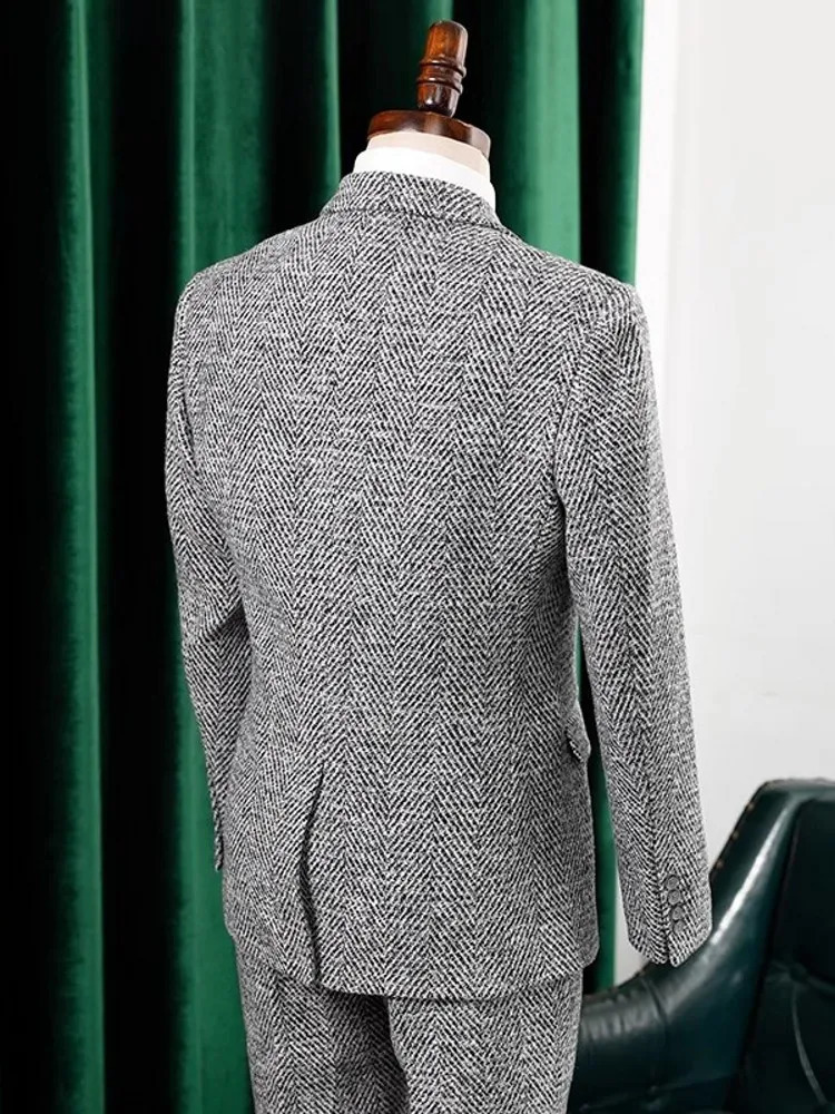 Autumn mens ultra-thin fit jacket pants two-piece set business mens work formal set high-quality wool groom wedding dress set 250224