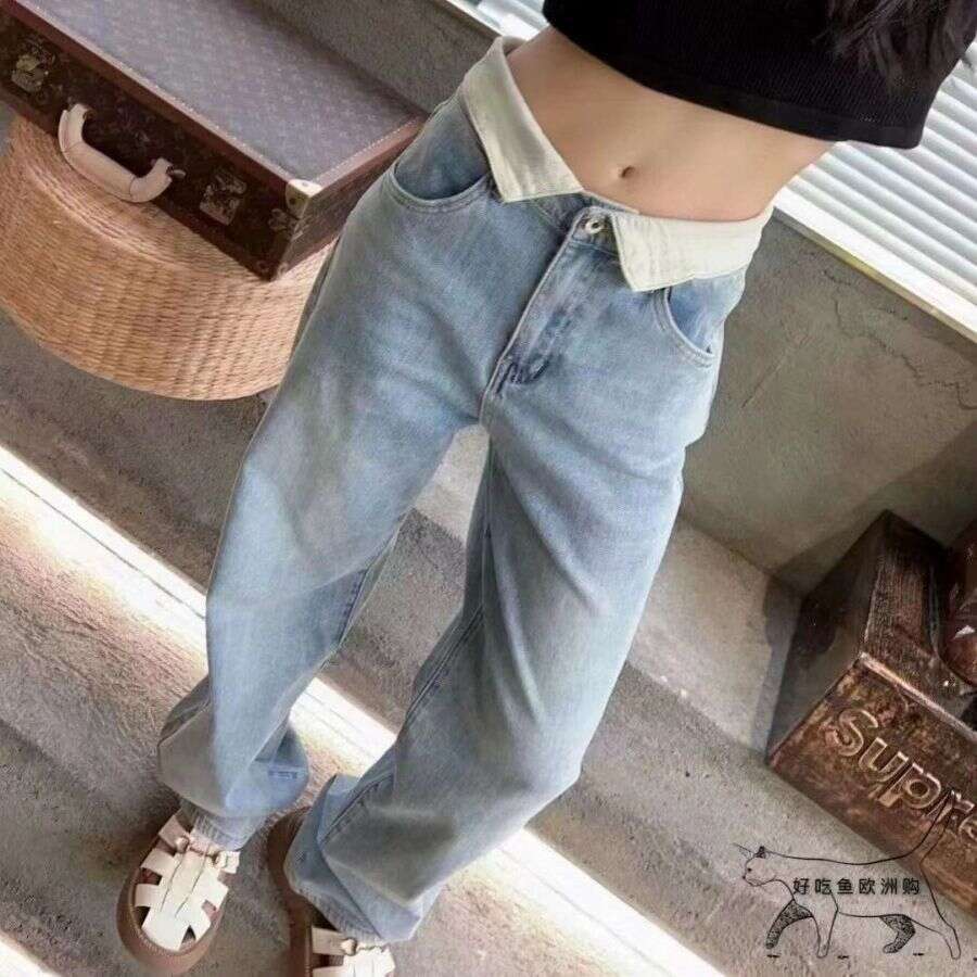 Ruffled Letter Embroidery Veet Straight Leg Or Mopping Jeans For Women In Autumn Winter, Versatile And Loose Fit
