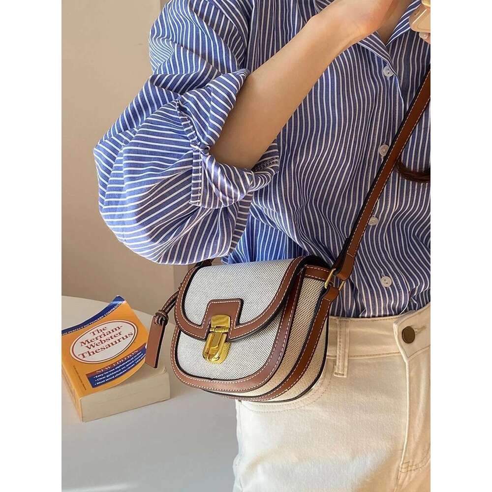 Small 2025 New Style Contrast Panel Canvas Retro One Shoulder Crossbody Saddle Bag