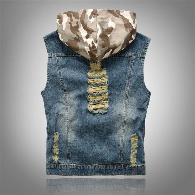 Spring Autumn Fashion Mens Korean Slim Hole Patched Jeans Jacket Hooded Camouflage Vest Coat Male Streetwear 250228Z